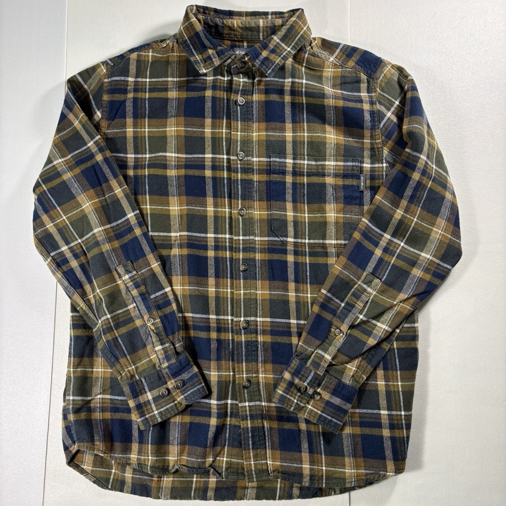 Eddie Bauer Men M Plaid Flannel Button Up Shirt Green Blue Brown Cotton Outdoor